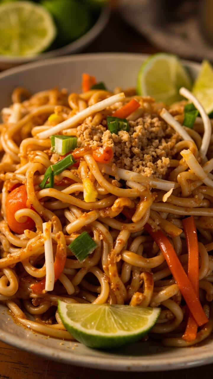 A heaping plate of ramen noodles tossed with scrambled eggs, bean sprouts, carrots, and green onions, all glistening with Pad Thai sauce. Lime wedges and chopped peanuts on the side.