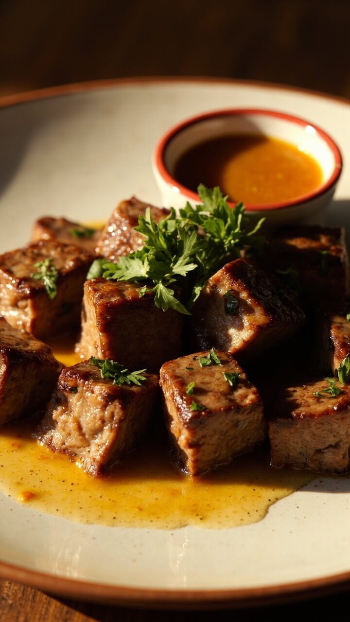 Steak cubes glistening with garlic butter on a round ceramic plate, garnished with finely chopped parsley and a side ramekin of dipping sauce.