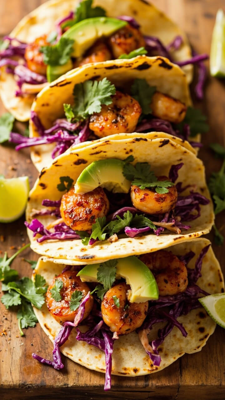 Corn tortillas filled with plump, spicy shrimp, topped with crunchy purple cabbage slaw and avocado slices, all arranged on a wooden board with lime wedges and cilantro sprigs.