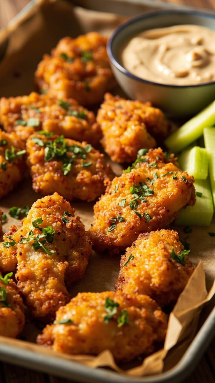 A baking tray lined with golden catfish nuggets, sprinkled with chopped herbs, served with a small dish of dipping sauce and crisp celery sticks on the side.