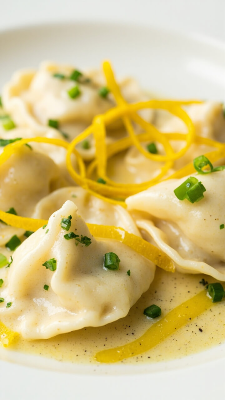 Plump ravioli arranged on a white plate, covered in a pale lemon cream sauce, dotted with bright chives. A few curls of lemon zest and fresh parsley finish the look. Plump ravioli arranged on a white plate, covered in a pale lemon cream sauce, dotted with bright chives. A few curls of lemon zest and fresh parsley finish the look.