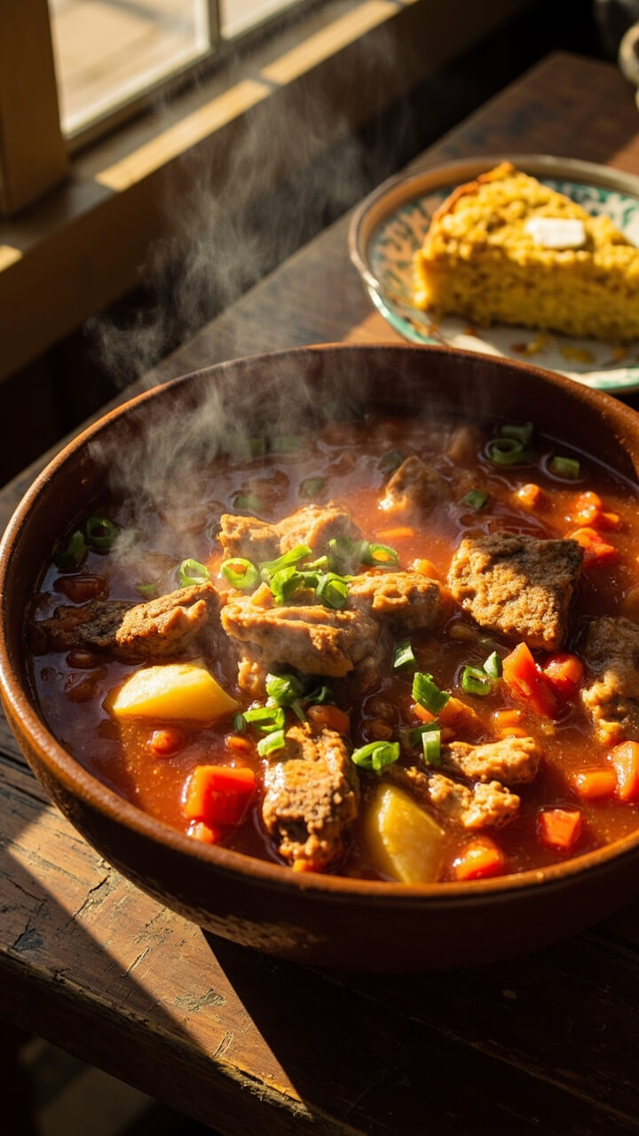A bowl filled with a chunky, red broth featuring large catfish pieces, sliced potatoes, diced tomatoes, and sprinklings of chopped green onion, with a slice of cornbread on the side.