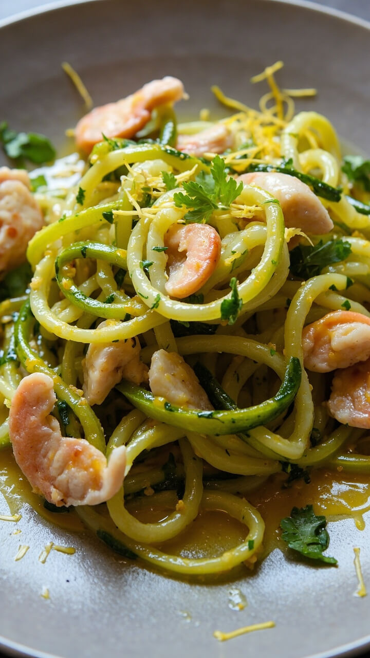 A modern dinner plate with a generous swirl of zucchini noodles, glistening with garlic-lemon butter and studded with pieces of crab meat and chopped parsley, lemon zest on top. A modern dinner plate with a generous swirl of zucchini noodles, glistening with garlic-lemon butter and studded with pieces of crab meat and chopped parsley, lemon zest on top.