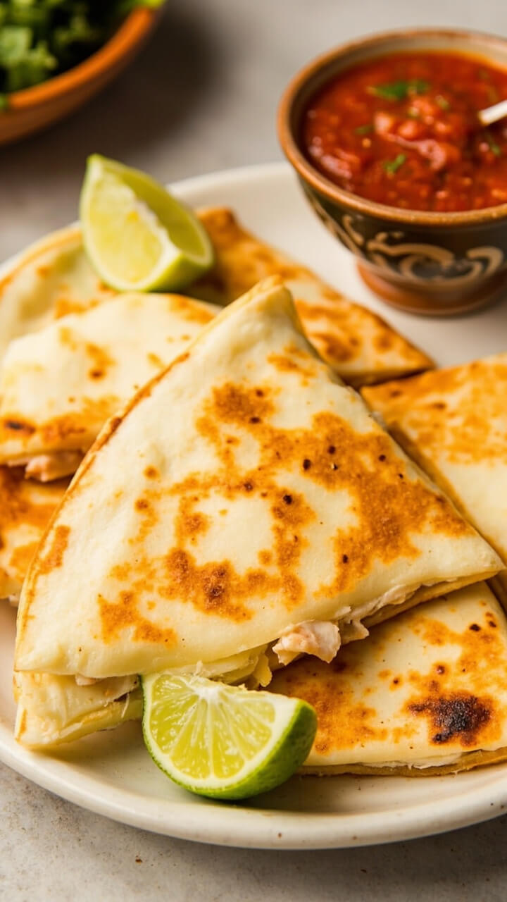 A round plate holding golden, pan-crisped flour quesadillas cut into triangles, with visible bits of crab and cheese, lime wedges on the side, and a little bowl of salsa for dipping. A round plate holding golden, pan-crisped flour quesadillas cut into triangles, with visible bits of crab and cheese, lime wedges on the side, and a little bowl of salsa for dipping.