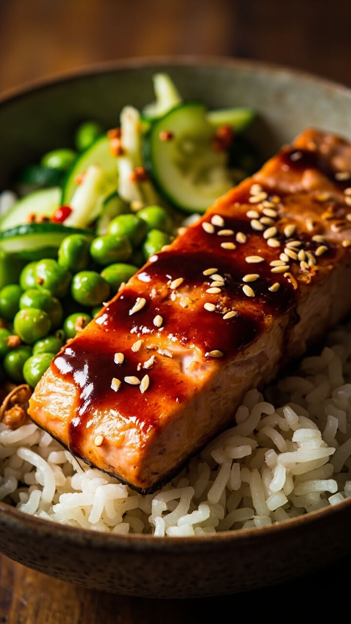 A bowl layered with fluffy rice, a glistening salmon fillet brushed with dark honey-soy glaze, green edamame beans, sliced cucumbers, and sprinkled sesame seeds on top.