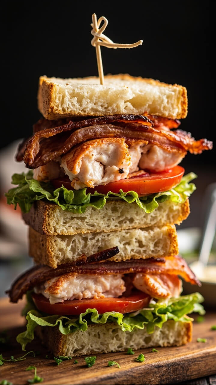 A tall sandwich stacked with toasted sourdough, layers of lettuce, bacon, tomato slices, and generous lobster meat, cut in half and secured with skewers. A tall sandwich stacked with toasted sourdough, layers of lettuce, bacon, tomato slices, and generous lobster meat, cut in half and secured with skewers.