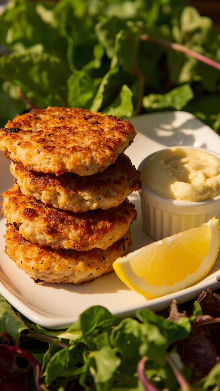 Golden-brown salmon patties stacked on a small white plate, next to a bowl of creamy tartar sauce. There’s a bed of baby greens beneath the patties and a wedge of lemon for squeezing.