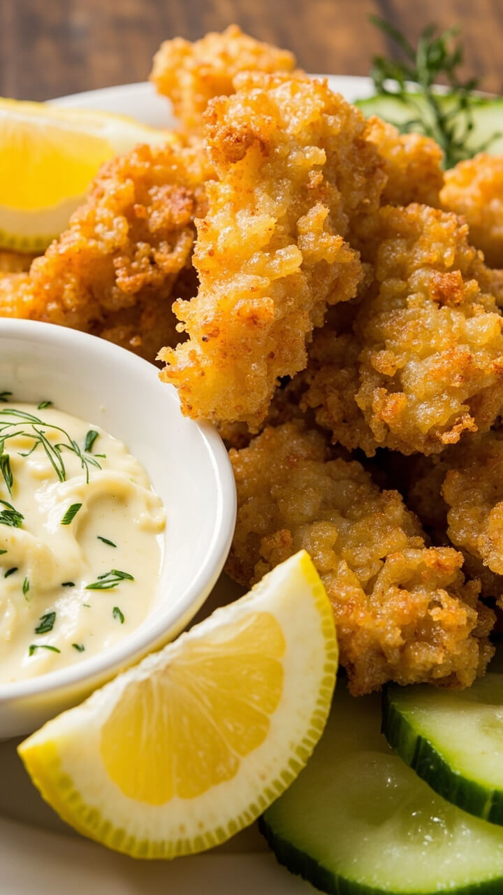A platter of golden, panko-breaded fish sticks stacked with a bowl of creamy tartar sauce, sprinkled with chopped dill. Lemon wedges and a few slices of cucumber complete the scene.