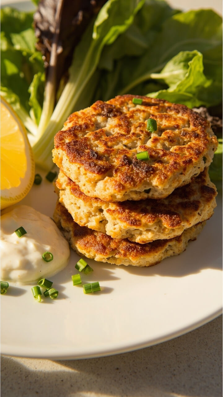 Three golden-brown tuna patties stacked on a plate, with a lemon wedge and dollop of creamy dip on the side. A scattering of chopped chives and mixed greens add color to the scene.