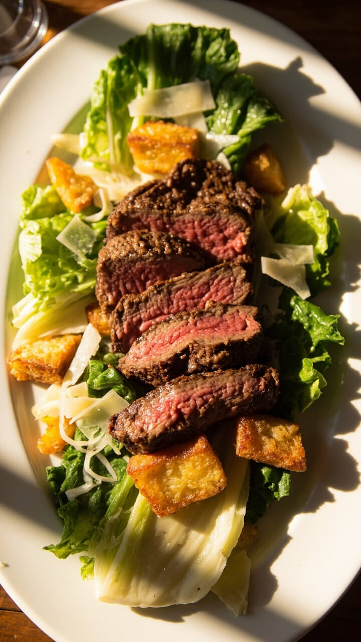 Sliced medium-rare sirloin steak fanned over a bed of romaine lettuce, tossed in creamy Caesar dressing, topped with shaved parmesan and golden croutons on a wide white plate.