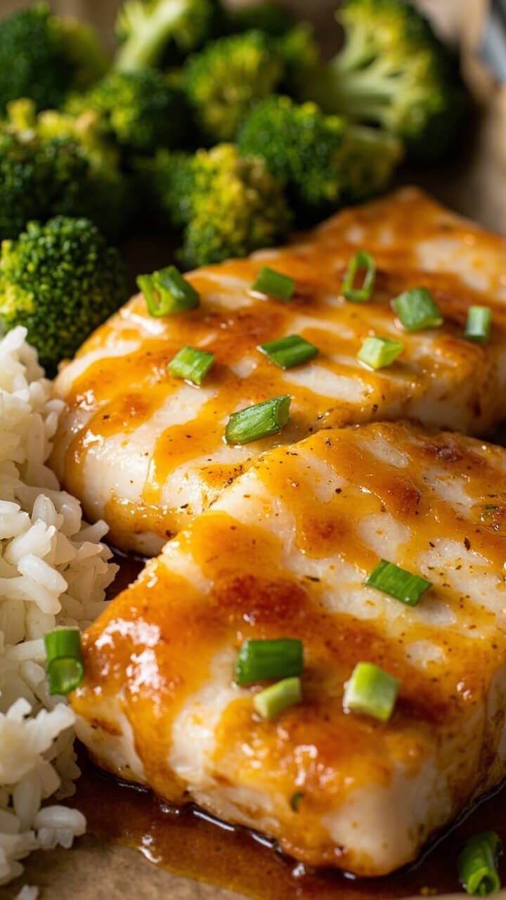 White cod fillets glazed with a golden honey garlic sauce, scattered with chopped green onions, served on a parchment-lined baking sheet next to steamed broccoli and fluffy white rice.
