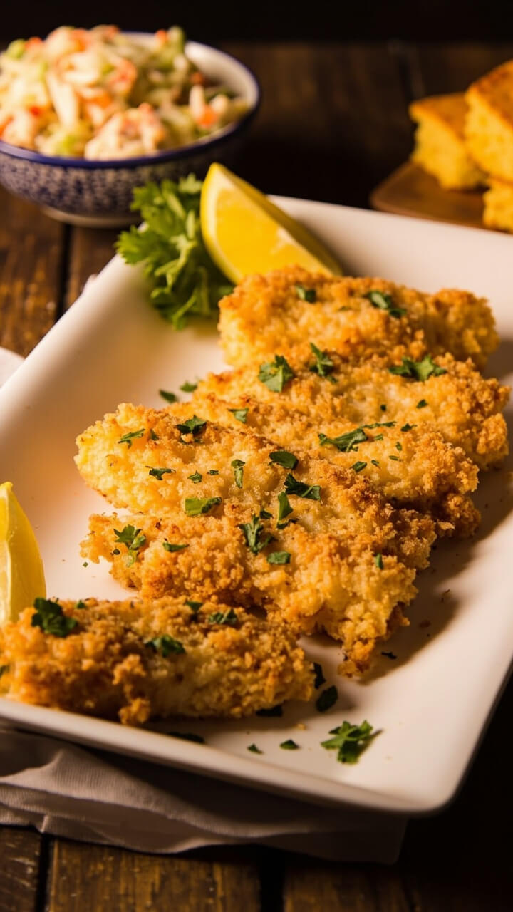 Golden cornmeal-crusted catfish fillets lined up on a white tray, garnished with a sprinkle of parsley and lemon wedges. There’s a side of creamy coleslaw and toasted cornbread in the background on a wooden table. Golden cornmeal-crusted catfish fillets lined up on a white tray, garnished with a sprinkle of parsley and lemon wedges. There’s a side of creamy coleslaw and toasted cornbread in the background on a wooden table.