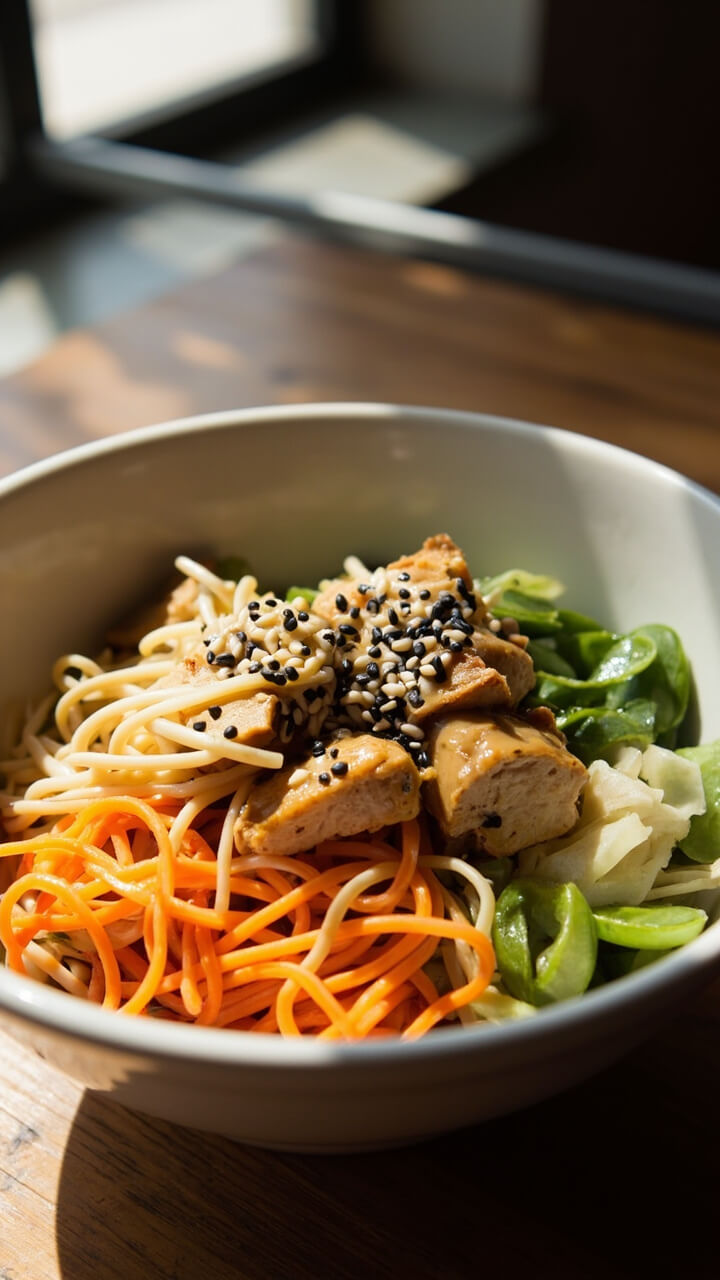 A shallow bowl with cool ramen noodles, chunks of seasoned chicken, shredded carrots, cabbage, and edamame, all drizzled with a sesame-ginger dressing, topped with black and white sesame seeds. A shallow bowl with cool ramen noodles, chunks of seasoned chicken, shredded carrots, cabbage, and edamame, all drizzled with a sesame-ginger dressing, topped with black and white sesame seeds.
