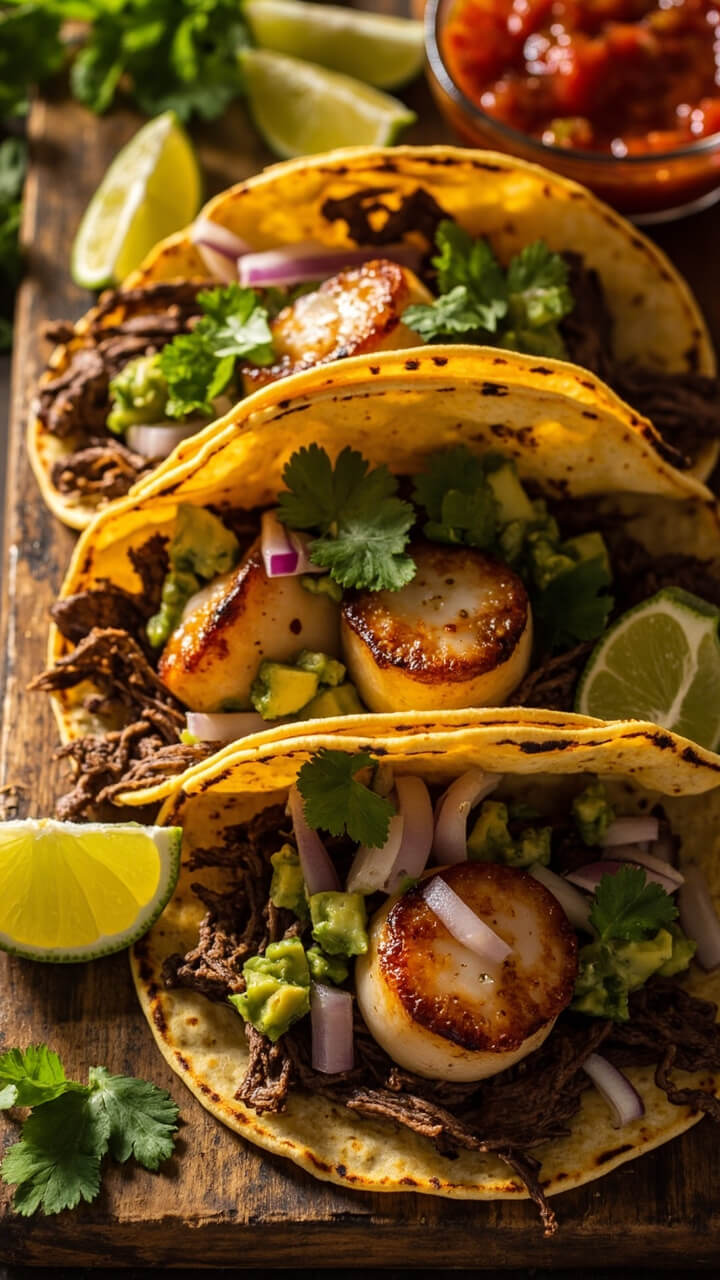 Warm corn tortillas filled with sliced steak, caramelized scallop halves, avocado salsa, diced red onion, and cilantro. The tacos are arranged on a tray with lime wedges and a bowl of salsa on the side. Warm corn tortillas filled with sliced steak, caramelized scallop halves, avocado salsa, diced red onion, and cilantro. The tacos are arranged on a tray with lime wedges and a bowl of salsa on the side.