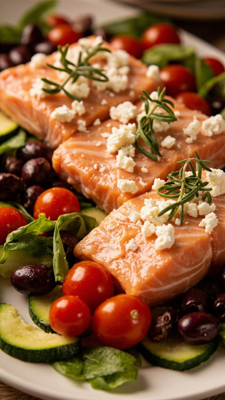 Salmon fillets nestled amid cherry tomatoes and sliced zucchini, sprinkled with chopped kalamata olives and crumbled feta. A sprig of oregano decorates each fillet, all arranged on a white rimmed platter. Salmon fillets nestled amid cherry tomatoes and sliced zucchini, sprinkled with chopped kalamata olives and crumbled feta. A sprig of oregano decorates each fillet, all arranged on a white rimmed platter.