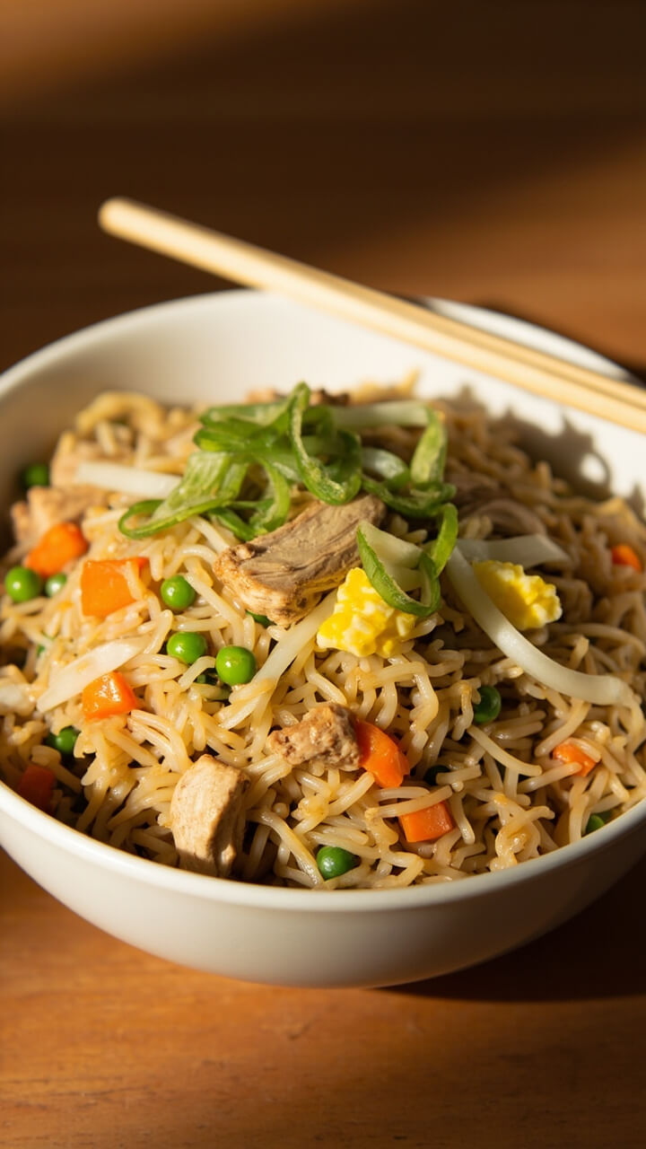 A large white bowl filled with golden fried rice, peas, diced carrots, scrambled egg ribbons, and pieces of chicken, garnished with sliced green onions. Chopsticks rest on the rim.