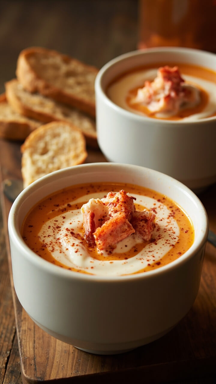 A smooth, pale-orange bisque in white soup bowls, topped with a swirl of cream, bits of lobster meat, and a light dusting of smoked paprika, set on a wooden board with crusty baguette slices on the side. A smooth, pale-orange bisque in white soup bowls, topped with a swirl of cream, bits of lobster meat, and a light dusting of smoked paprika, set on a wooden board with crusty baguette slices on the side.