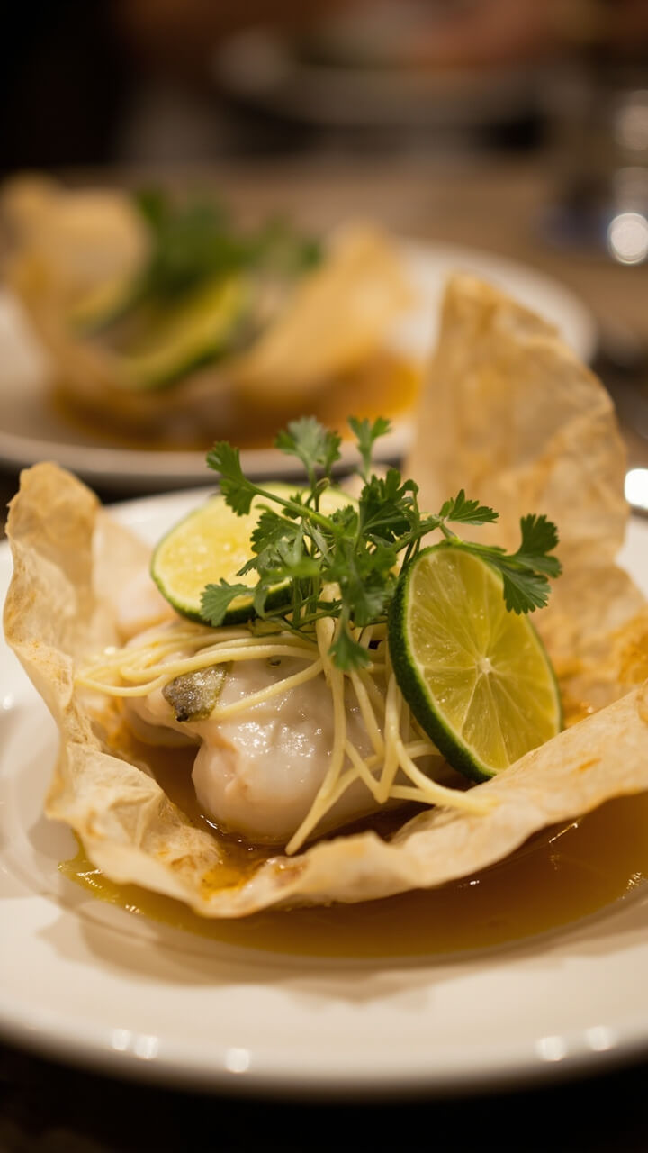 Delicate white fish fillet inside a parchment pocket, topped with glossy lime slices, wisps of julienned ginger, and scattered cilantro. Parcel opened on a dinner plate, with a little pooling, fragrant clear cooking liquid.