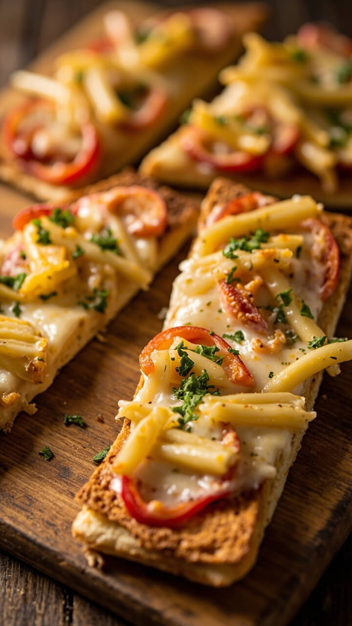 Flatbread cut into rectangles, topped with bubbly melted cheese, artichoke hearts, and flecks of red pepper, with visible pieces of imitation crab. Presented on a wooden cutting board with a sprinkle of fresh herbs.