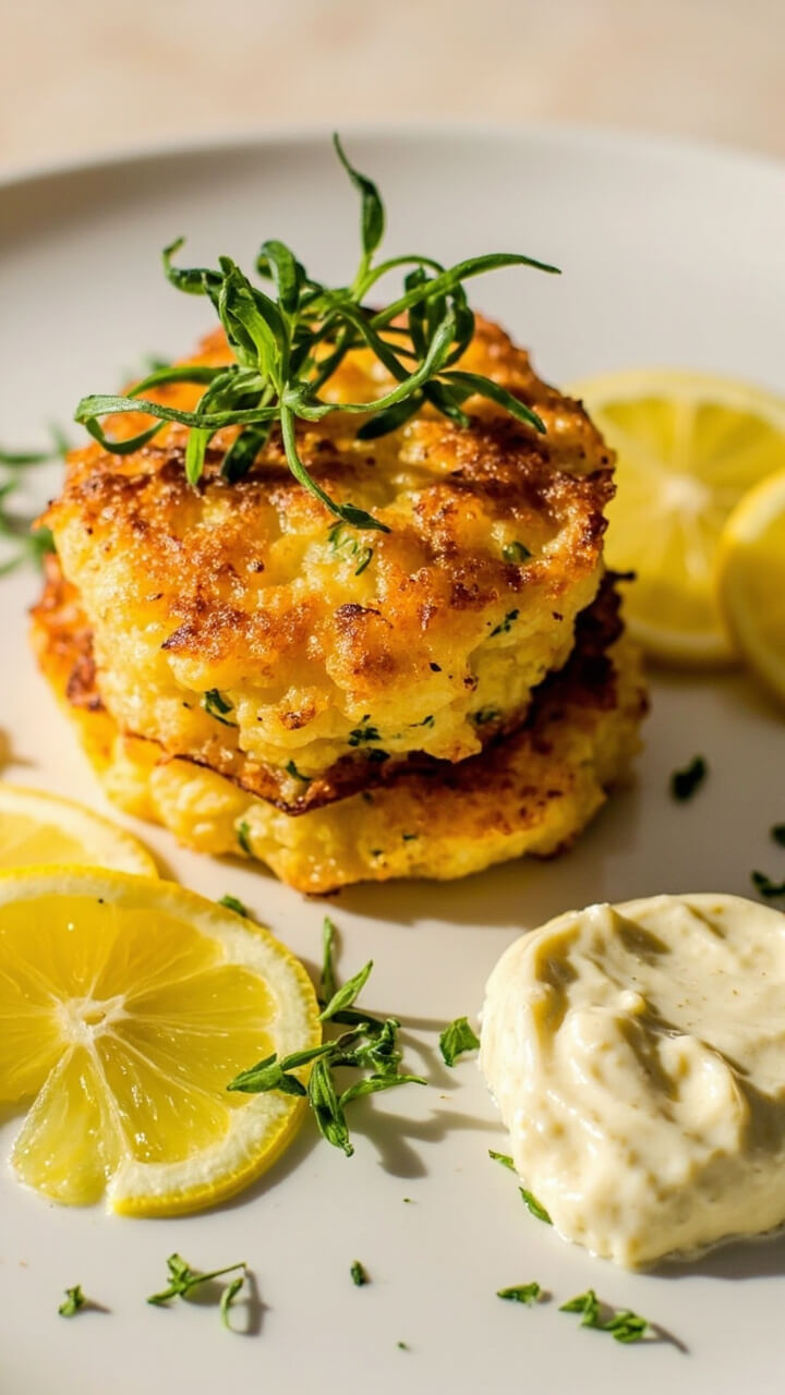 Golden cod and potato cakes stacked on a plate, flecked with herbs, with a dollop of creamy tartar sauce and sliced lemon alongside, scattered microgreens on the plate.