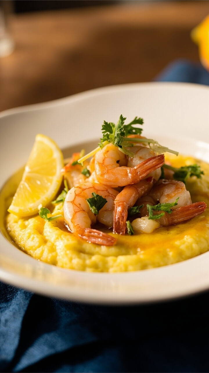 A shallow white bowl filled with creamy, yellow polenta, topped with a mound of bright pink shrimp glistening with garlic butter. Chiffonade parsley and a lemon wedge add fresh contrast. The bowl sits on a navy linen napkin. A shallow white bowl filled with creamy, yellow polenta, topped with a mound of bright pink shrimp glistening with garlic butter. Chiffonade parsley and a lemon wedge add fresh contrast. The bowl sits on a navy linen napkin.