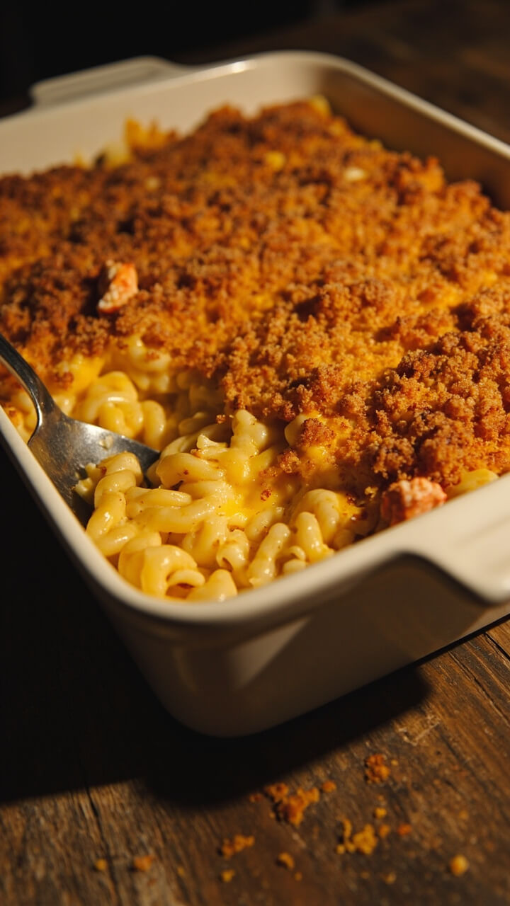 A white ceramic casserole dish with golden, bubbling macaroni and gooey cheese, lobster chunks peeking through, and a crunchy breadcrumb topping, set beside a serving spoon on a rustic wooden table. A white ceramic casserole dish with golden, bubbling macaroni and gooey cheese, lobster chunks peeking through, and a crunchy breadcrumb topping, set beside a serving spoon on a rustic wooden table.