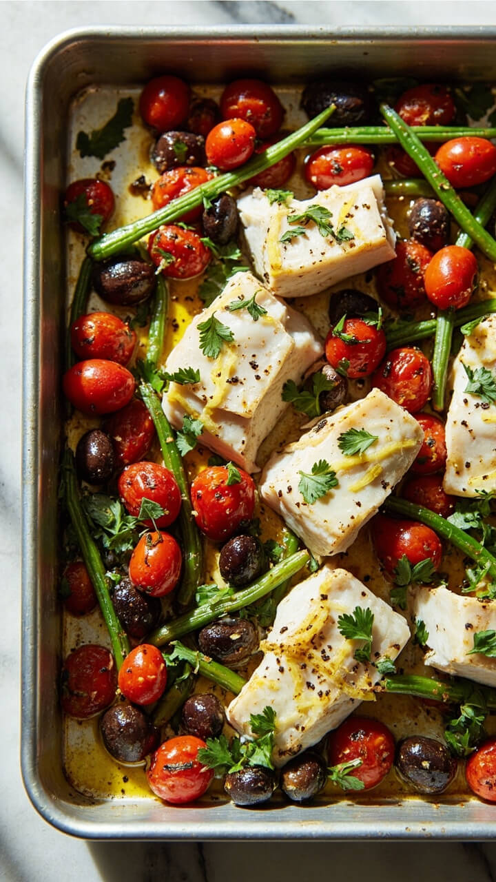 A rimmed baking sheet filled with roasted cod fillets surrounded by red cherry tomatoes, kalamata olives, and green beans. Everything is sprinkled with chopped parsley and lemon zest, and the pan is set on a marble kitchen counter.