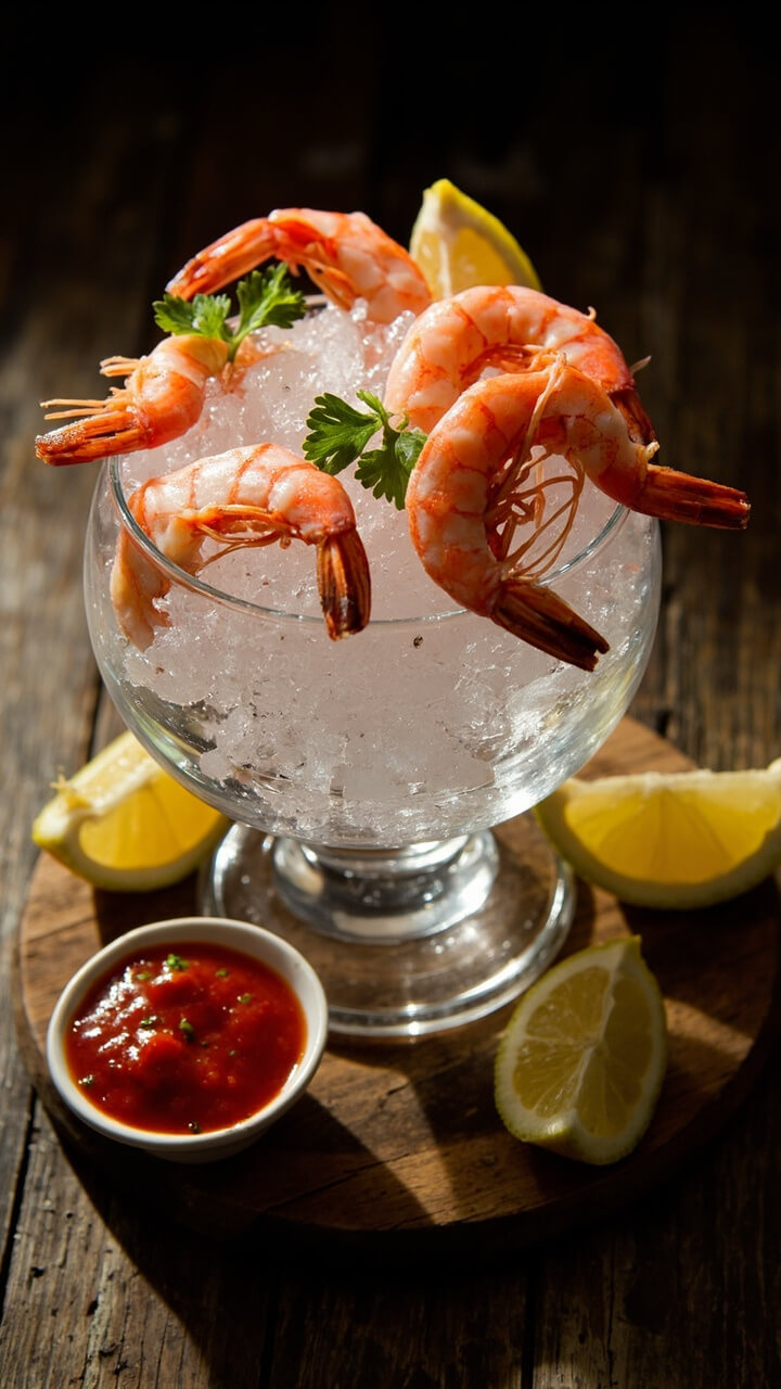Plump pink shrimp draped over the edge of a clear glass bowl filled with shimmering crushed ice, nestled beside a small dish of tangy red cocktail sauce, sprinkled with fresh parsley, with lemon wedges arranged around the rim, all placed on a rustic wooden board.