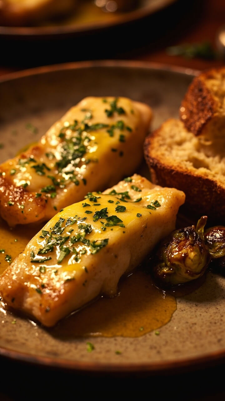 Juicy catfish fillets glistening with melted garlic butter, sprinkled with fresh parsley, served beside a piece of crusty baguette and roasted Brussels sprouts on a rustic dinner plate. Juicy catfish fillets glistening with melted garlic butter, sprinkled with fresh parsley, served beside a piece of crusty baguette and roasted Brussels sprouts on a rustic dinner plate.