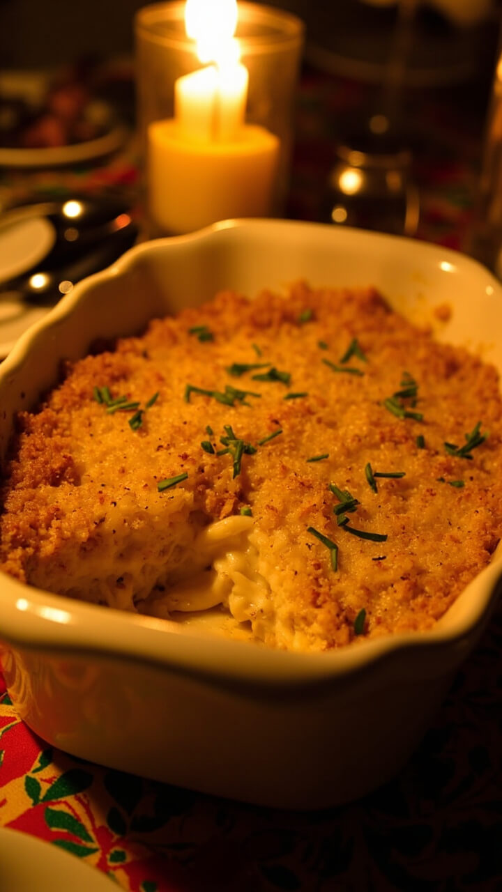 A small, deep baking dish filled with a bubbling, golden-brown crab gratin, topped with crispy panko and Parmesan crumbs. Finely chopped chives and a squeeze of lemon finish the dish. Side plates and serving spoons rest on a festive tablecloth. A small, deep baking dish filled with a bubbling, golden-brown crab gratin, topped with crispy panko and Parmesan crumbs. Finely chopped chives and a squeeze of lemon finish the dish. Side plates and serving spoons rest on a festive tablecloth.