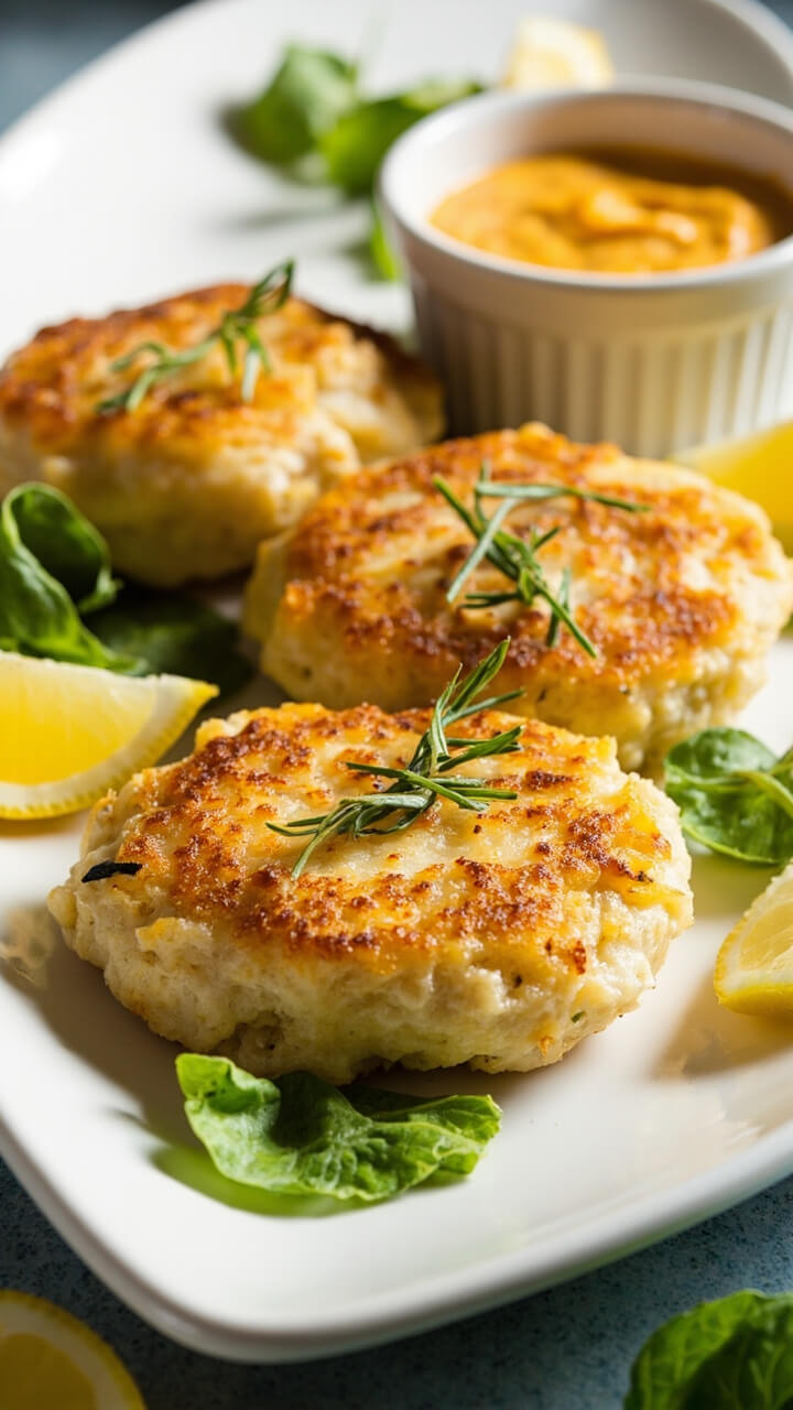 Three golden cod cakes on a white platter, flecked with green herbs, with a creamy dipping sauce in a small bowl. Lemon wedges and baby greens add color around the edges.
