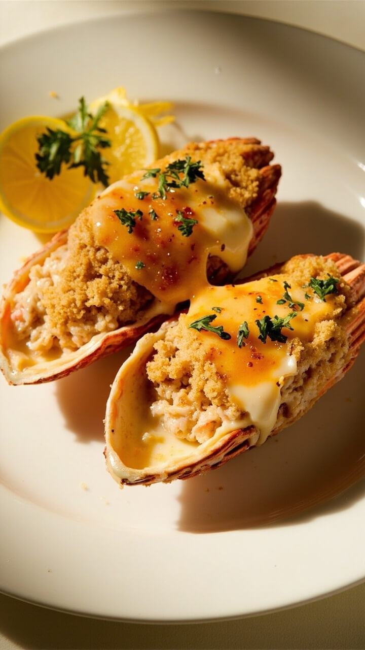 Two split lobster shells, packed with creamy lobster filling, crowned by golden-toasted bread crumbs and melted Gruyère, set on a simple white plate with parsley and lemon wedges. Two split lobster shells, packed with creamy lobster filling, crowned by golden-toasted bread crumbs and melted Gruyère, set on a simple white plate with parsley and lemon wedges.