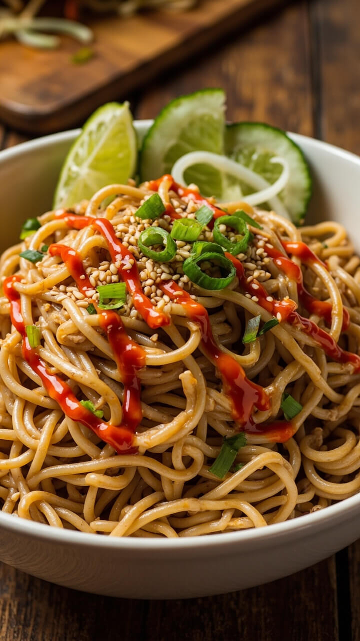 Wide white bowl piled with ramen noodles tossed in glossy tan peanut sauce, sprinkled with sesame seeds, Sriracha drizzle, and chopped scallions. Cucumber ribbons and lime half rest on the rim. Wide white bowl piled with ramen noodles tossed in glossy tan peanut sauce, sprinkled with sesame seeds, Sriracha drizzle, and chopped scallions. Cucumber ribbons and lime half rest on the rim.