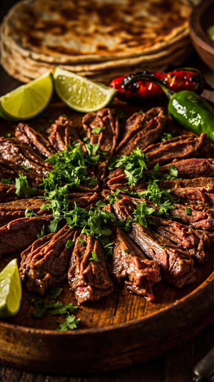 Juicy sliced skirt steak fanned out on a platter, garnished with chopped cilantro and lime wedges. Colorful grilled jalapeños and warm tortillas on the side. Juicy sliced skirt steak fanned out on a platter, garnished with chopped cilantro and lime wedges. Colorful grilled jalapeños and warm tortillas on the side.