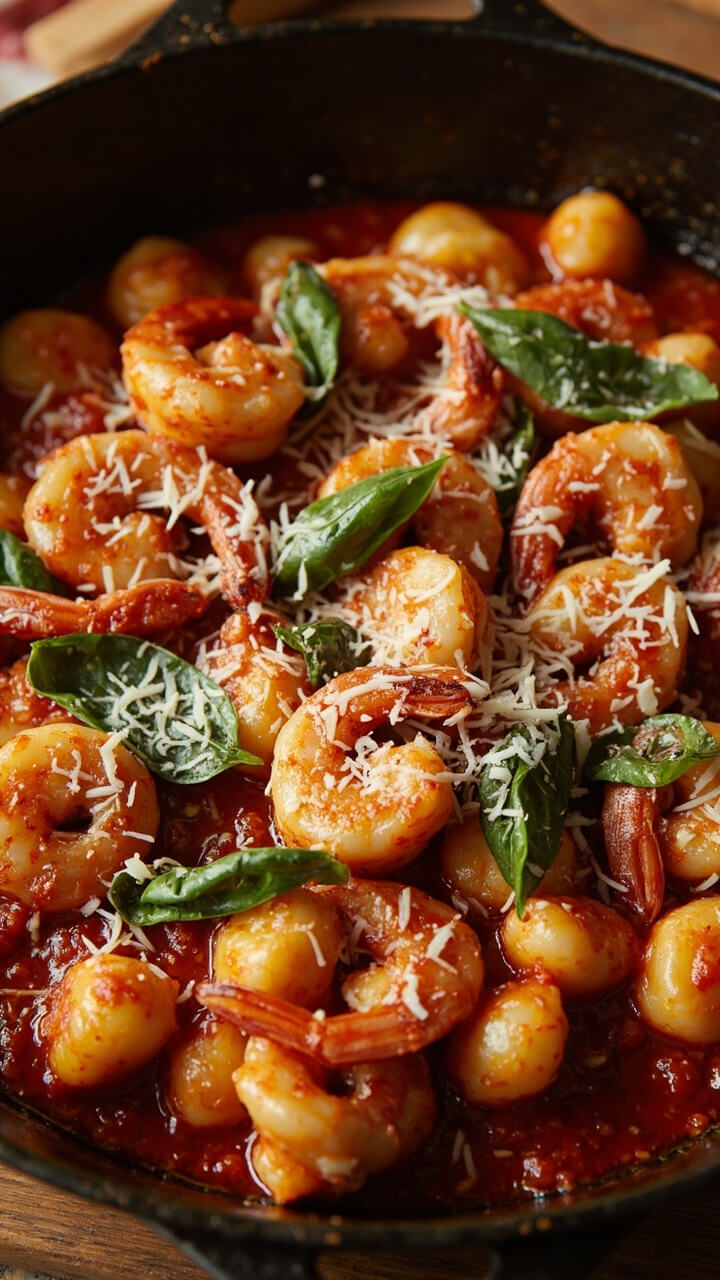 A skillet filled with soft potato gnocchi coated in a bright red tomato sauce, seared shrimp nestled between. Fresh basil leaves scattered on top and a shower of Parmesan cheese.