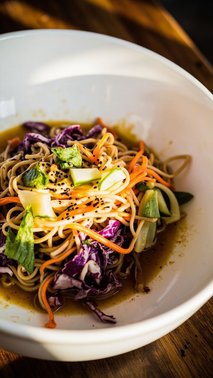 A large shallow bowl filled with chilled ramen noodles tossed with colorful shredded carrots, cucumber matchsticks, scallions, and purple cabbage. Glossy sesame-ginger dressing pools underneath, topped with black sesame seeds. A large shallow bowl filled with chilled ramen noodles tossed with colorful shredded carrots, cucumber matchsticks, scallions, and purple cabbage. Glossy sesame-ginger dressing pools underneath, topped with black sesame seeds.
