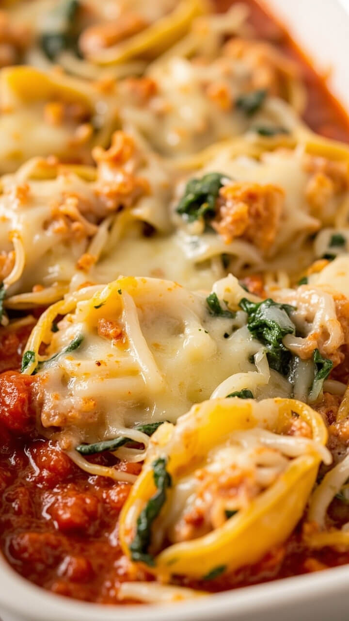 Jumbo pasta shells stuffed with a creamy crab and spinach filling, nestled in marinara sauce in a white baking dish, finished with bubbly melted mozzarella on top.