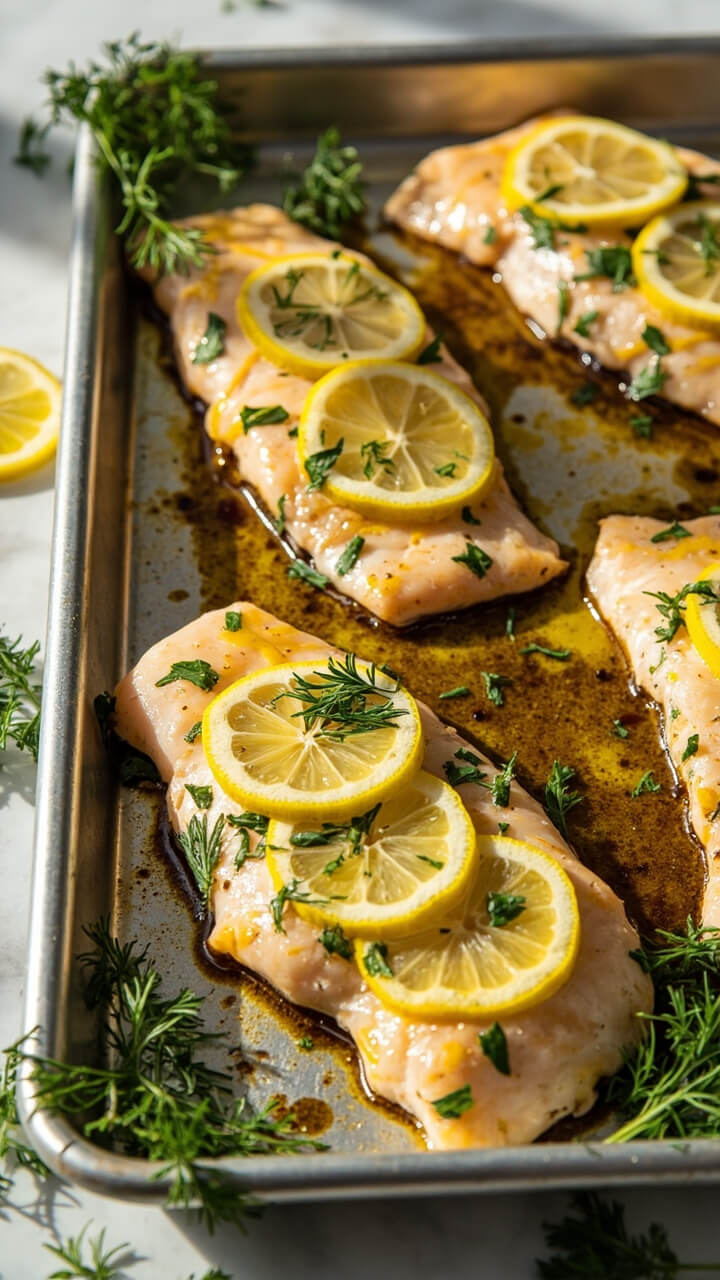 Catfish fillets resting on a sheet pan, flecked with chopped dill and parsley, thin lemon slices layered on top, glistening from a drizzle of olive oil. Fresh herbs and sliced lemons are scattered on a marble countertop nearby. Catfish fillets resting on a sheet pan, flecked with chopped dill and parsley, thin lemon slices layered on top, glistening from a drizzle of olive oil. Fresh herbs and sliced lemons are scattered on a marble countertop nearby.