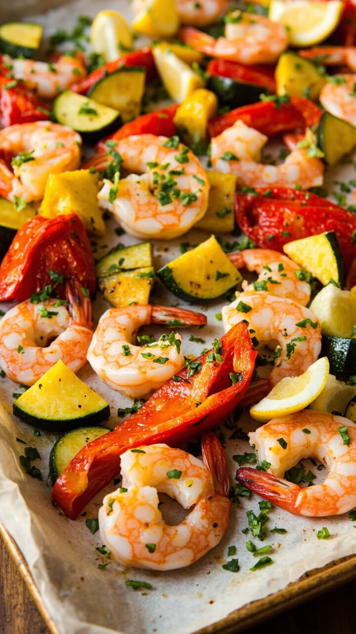 Bright pink shrimp and chunks of zucchini, red bell pepper, and yellow squash roast together on a parchment-lined sheet pan. Lemon wedges are tucked around, and everything is sprinkled with chopped herbs. The scene is fresh and vibrant, ready to be portioned onto plates with a spatula.