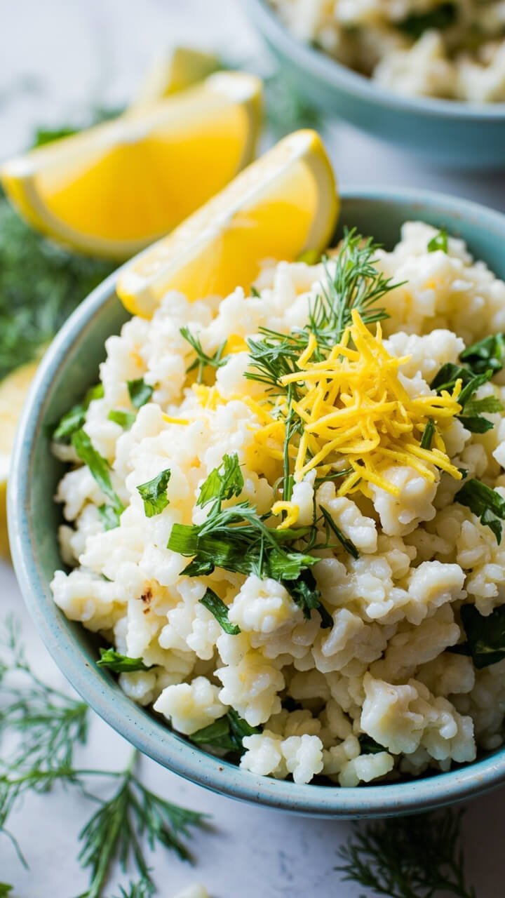 A shallow blue bowl heaped with white rice tossed with crumbled feta, finely chopped dill and parsley, and plenty of lemon zest. A lemon wedge sits at the rim, with a few scattered herbs.