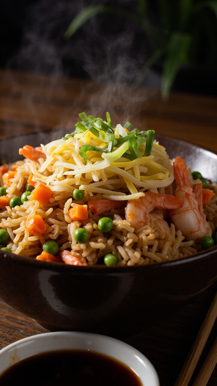 A bowl of golden-brown fried rice studded with pink shrimp, diced carrots, peas, and scrambled egg. Thin slices of green onion sprinkle over the top for a pop of color. Chopsticks and a small bowl of soy sauce are nearby.