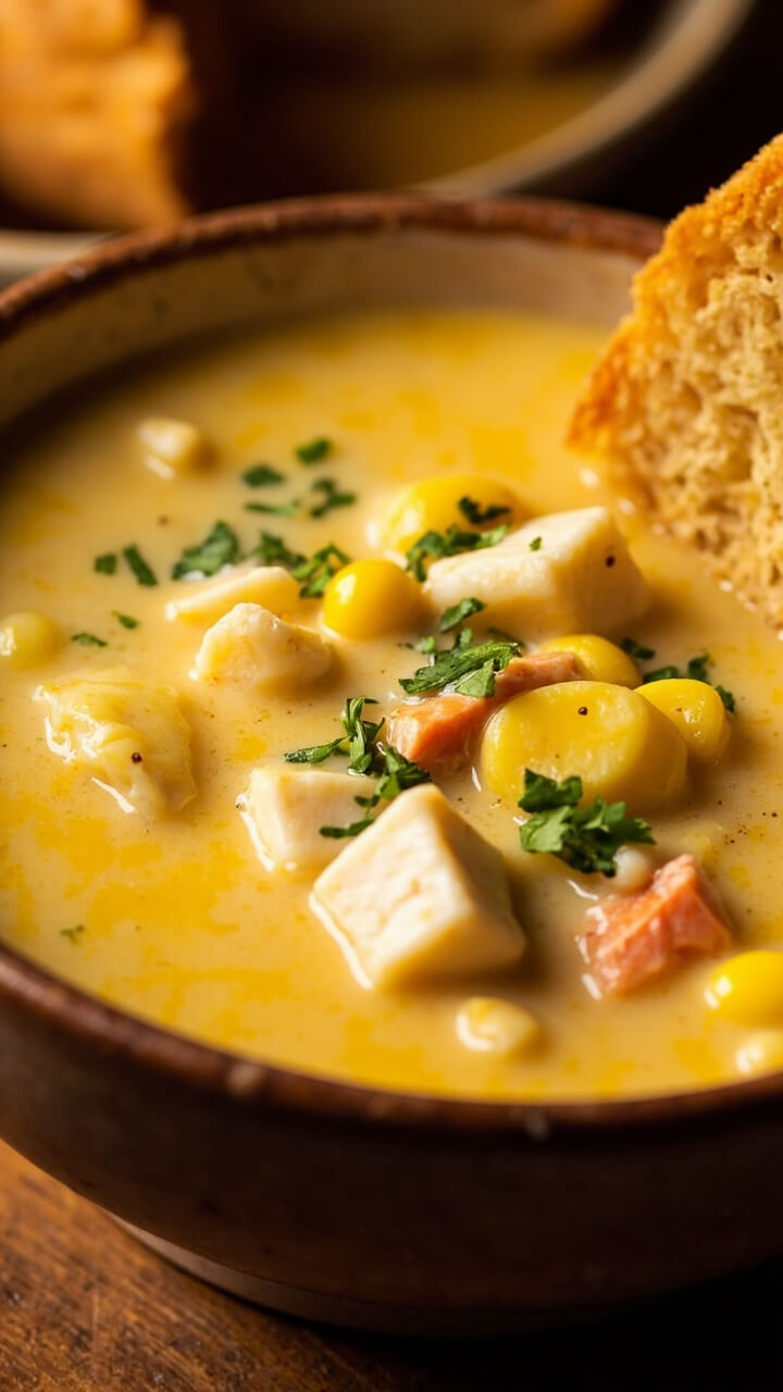 A rustic ceramic bowl filled with creamy golden chowder, chunks of imitation crab and sweet corn kernels visible. Topped with chopped parsley and served with a slice of crusty bread.