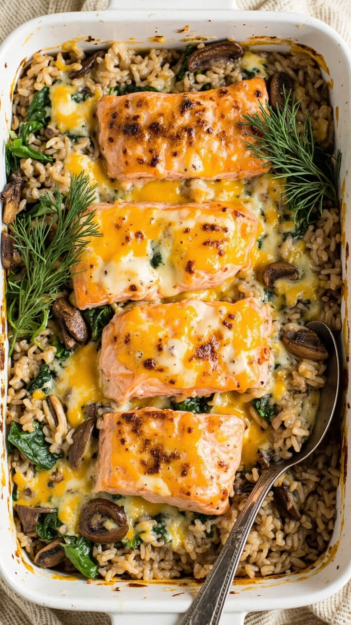 A deep casserole dish seen from above, brimming with flaky salmon, long-grained wild rice, sautéed mushrooms, spinach, and melted cheese on top, bubbling and golden at the edges. Sprigs of dill and a serving spoon rest at the side on a cozy kitchen towel.