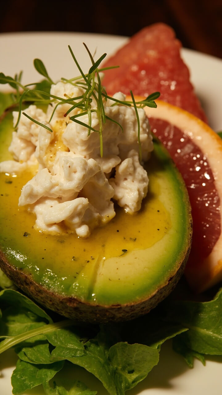 Half an avocado fanned over baby greens, topped with a generous mound of lump crab meat, drizzled with citrus vinaigrette, and garnished with microgreens. A wedge of grapefruit sits nearby, and sea salt is sprinkled lightly on top. Half an avocado fanned over baby greens, topped with a generous mound of lump crab meat, drizzled with citrus vinaigrette, and garnished with microgreens. A wedge of grapefruit sits nearby, and sea salt is sprinkled lightly on top.