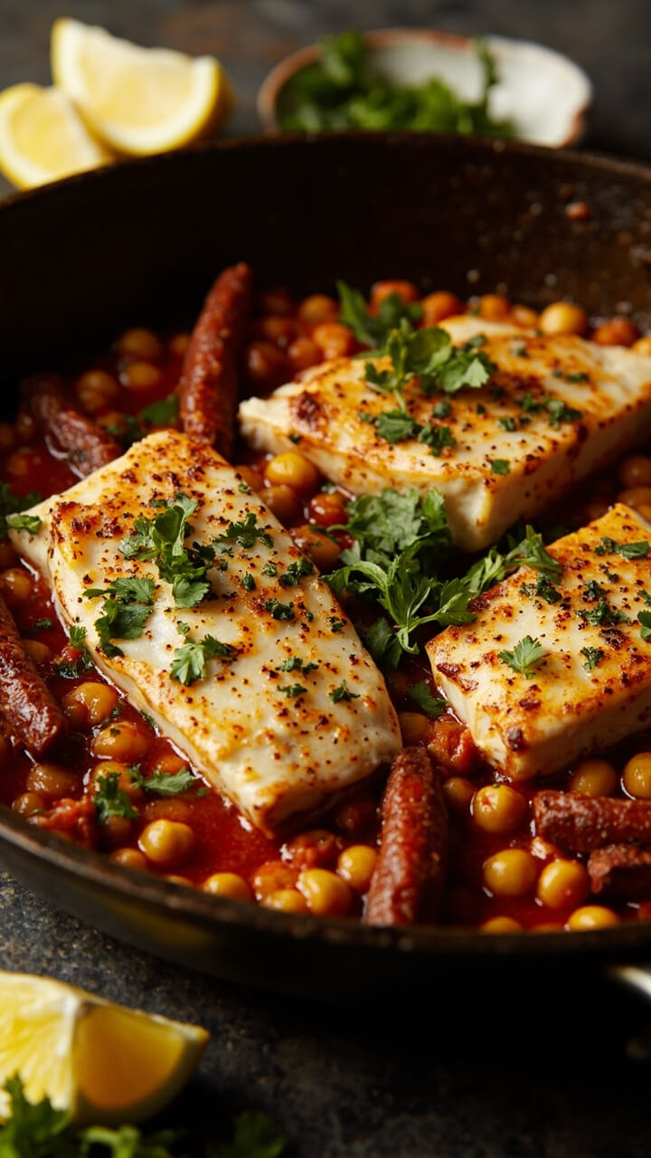 Thick cod fillets nestled in a skillet of browned chorizo, chickpeas, and simmered tomatoes, garnished with chopped fresh parsley and served with lemon wedges.