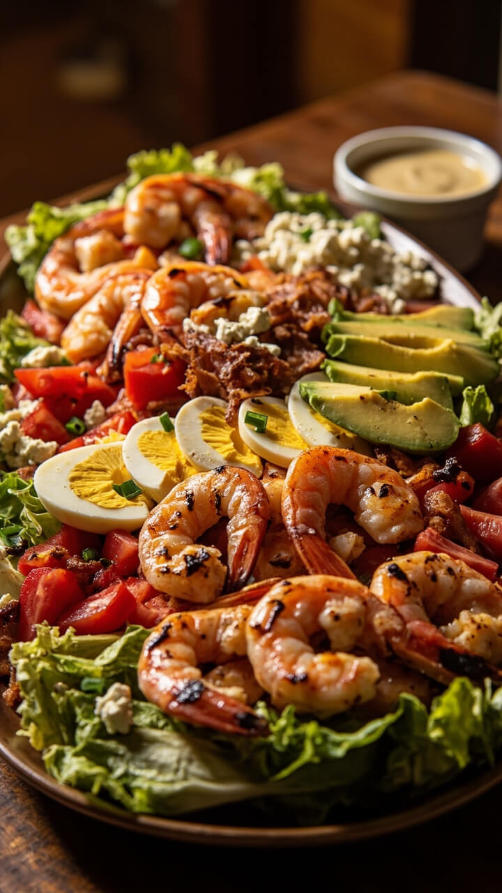 A large platter with neat rows of grilled shrimp, sliced hard-boiled eggs, diced tomatoes, avocado wedges, crumbled bacon, and chopped romaine. Blue cheese crumbles and chives sprinkled on top. A small bowl of dressing is ready for drizzling.