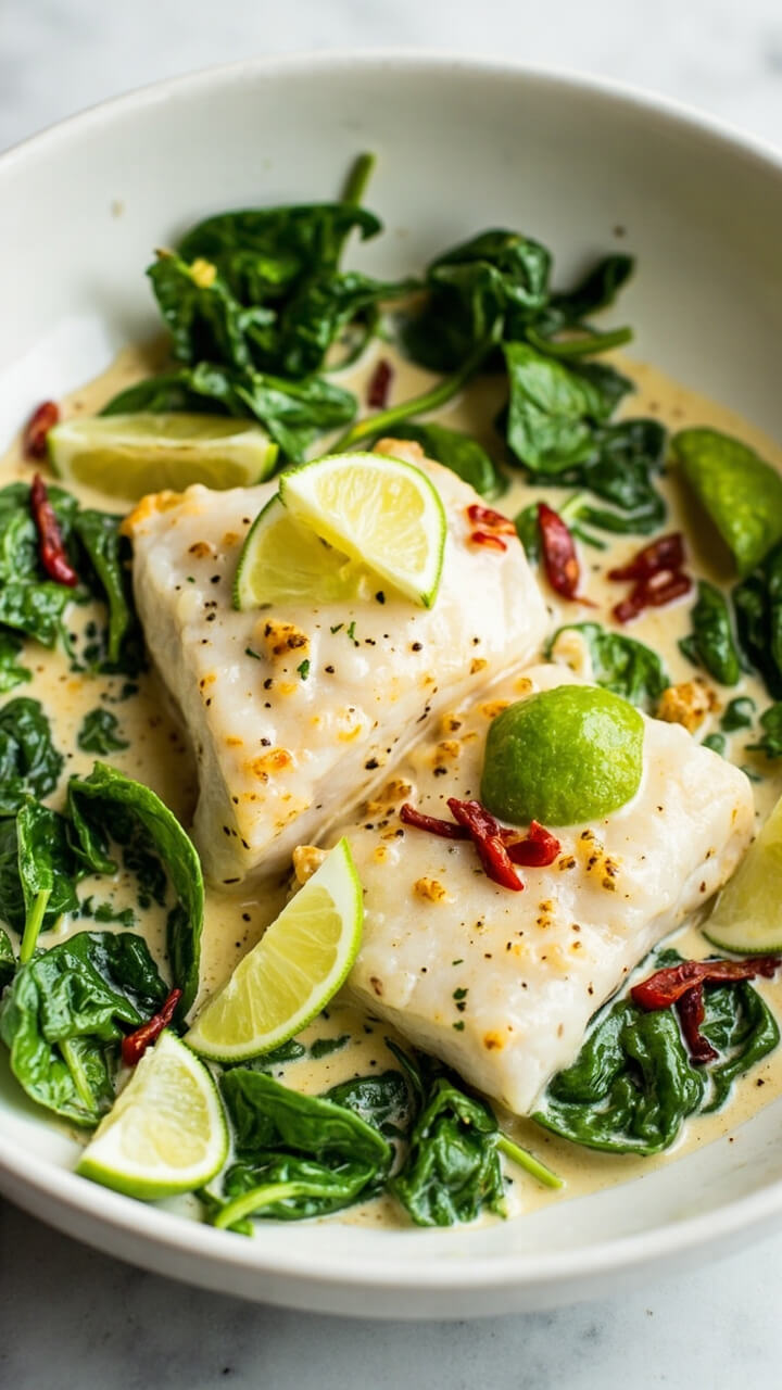 A shallow white bowl with tender cod fillets poached in pale, creamy coconut-lime sauce, topped with bright green spinach leaves, lime wedges, and a sprinkle of sliced red chiles.