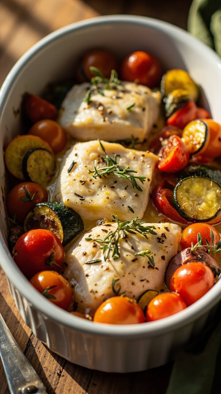 A white oval baking dish with cod fillets surrounded by cooked grape tomatoes, sliced zucchini, red bell peppers, and a scattering of fresh thyme. A white oval baking dish with cod fillets surrounded by cooked grape tomatoes, sliced zucchini, red bell peppers, and a scattering of fresh thyme.
