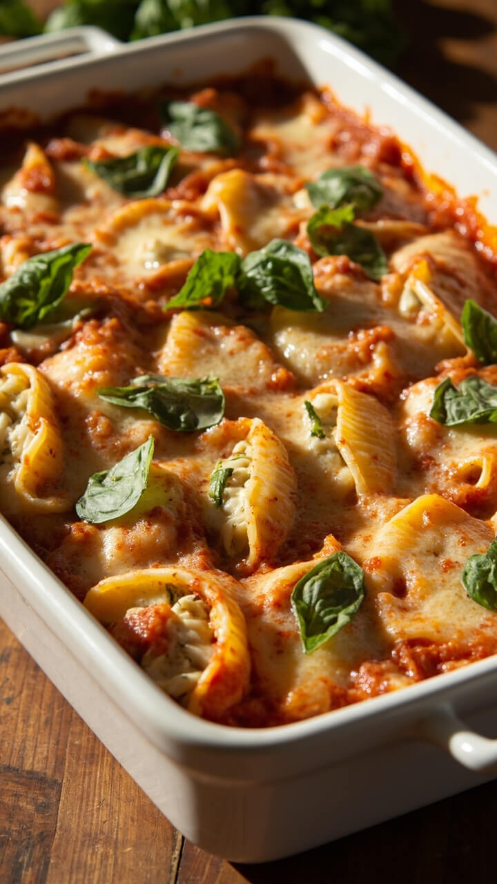 A rectangular white baking dish filled with jumbo pasta shells, each stuffed with creamy green and white crab filling, nestled in a layer of marinara sauce and topped with melted mozzarella. Fresh basil leaves are scattered across the top. A rectangular white baking dish filled with jumbo pasta shells, each stuffed with creamy green and white crab filling, nestled in a layer of marinara sauce and topped with melted mozzarella. Fresh basil leaves are scattered across the top.