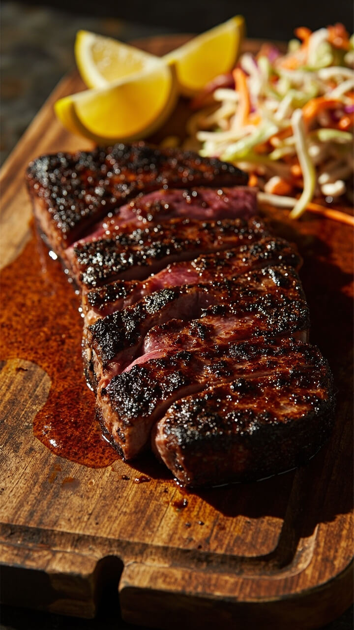 A darkly blackened tuna steak on a rustic wood board, the charred spice crust around the juicy pink middle. Served with lemon wedges and a small pile of lettuce or slaw.
